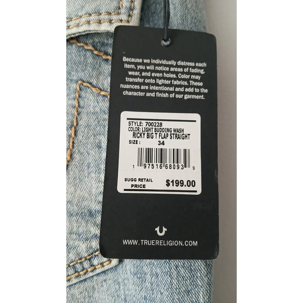 NEW TRUE RELIGION Size 34 Men's Jeans  Light Wash RICKY Relaxed Straight $199